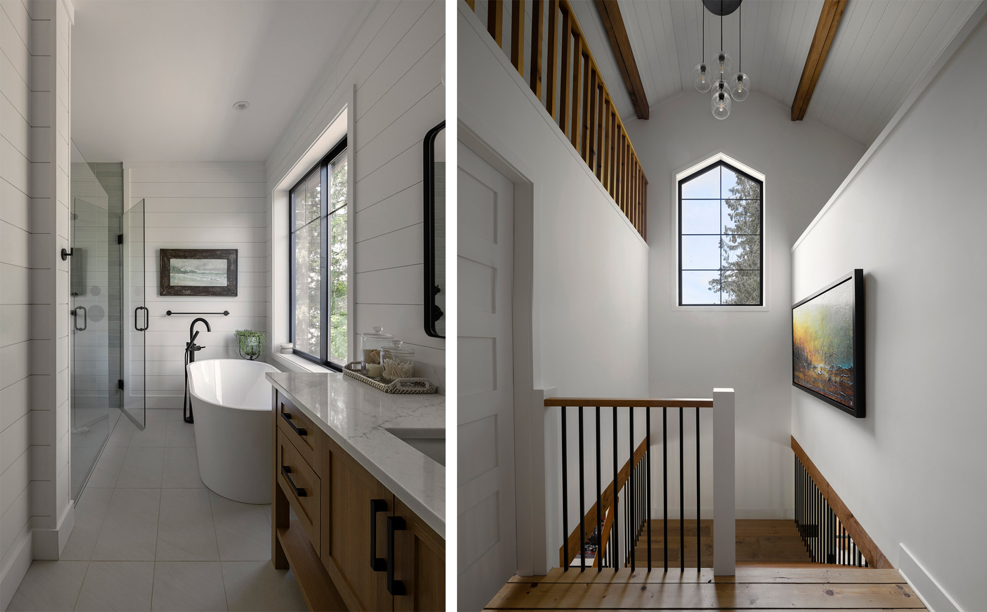 Bright bathroom and interior spaces in this modern farmhouse.