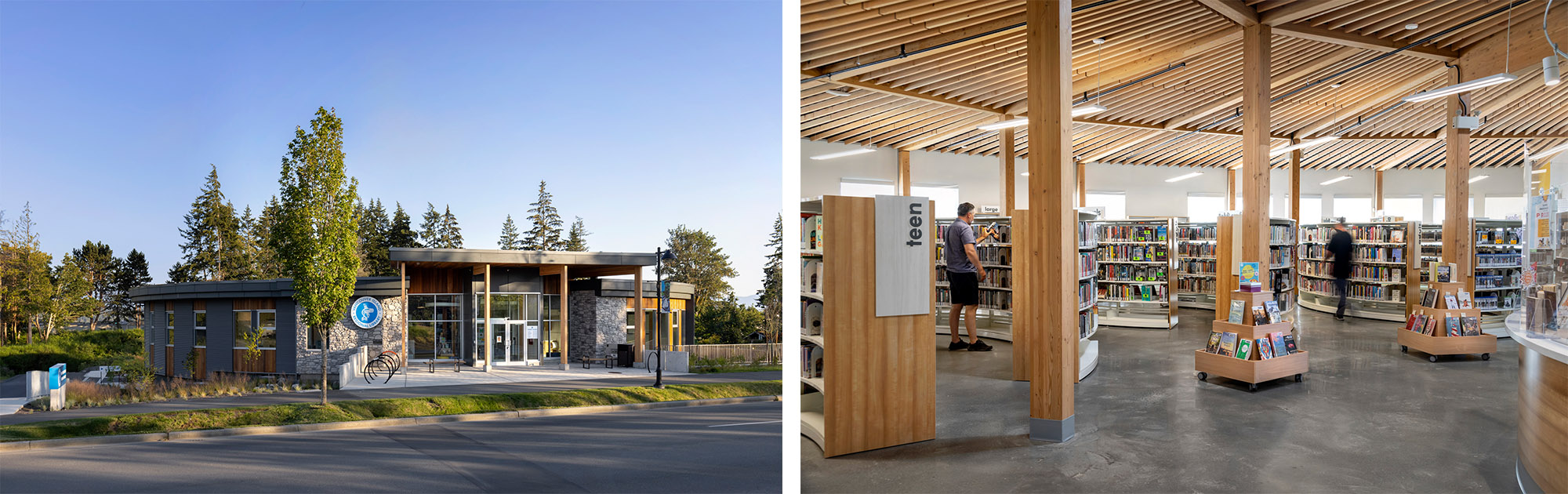 Exterior and interior design focused captures of the Sooke Public Library.