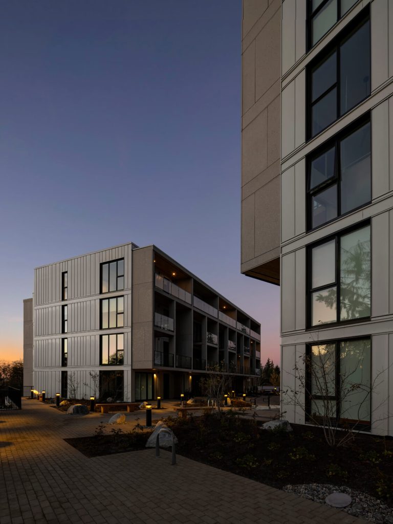 Modern civic buildings at twilight with sunset reflected in the windows. Exterior architectural design photography in Vancouver, Victoria, Cowichan Bay, and Nanaimo.