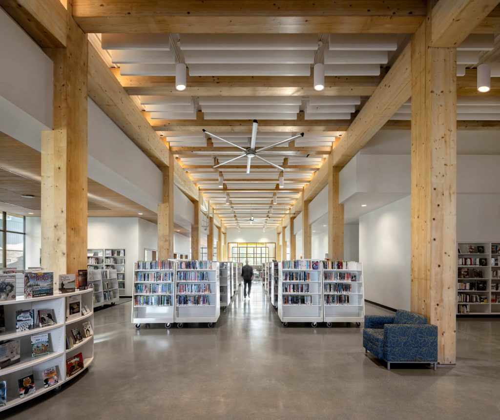 Exposed timber library with high ceilings architectural interior design photography in Vancouver, Victoria, Nanaimo, Cowichan Valley.