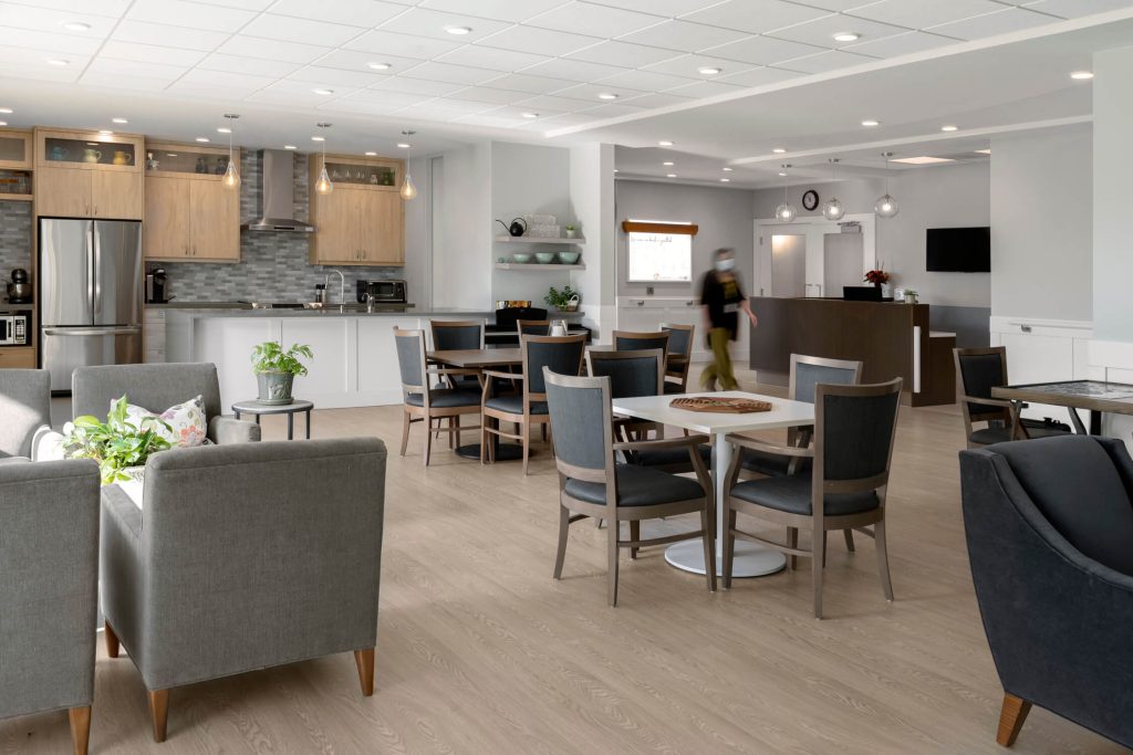 Modern dining, kitchen and common area in a health facility, interior design photography in Victoria, Vancouver, Cowichan Valley and Nanaimo.