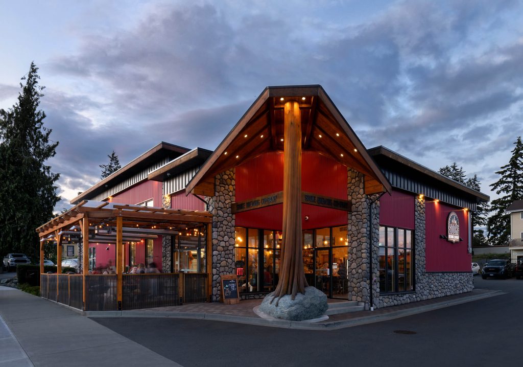 Dusk image of Sooke Brewing Company facade, exterior commercial architectural photography in Victoria BC.