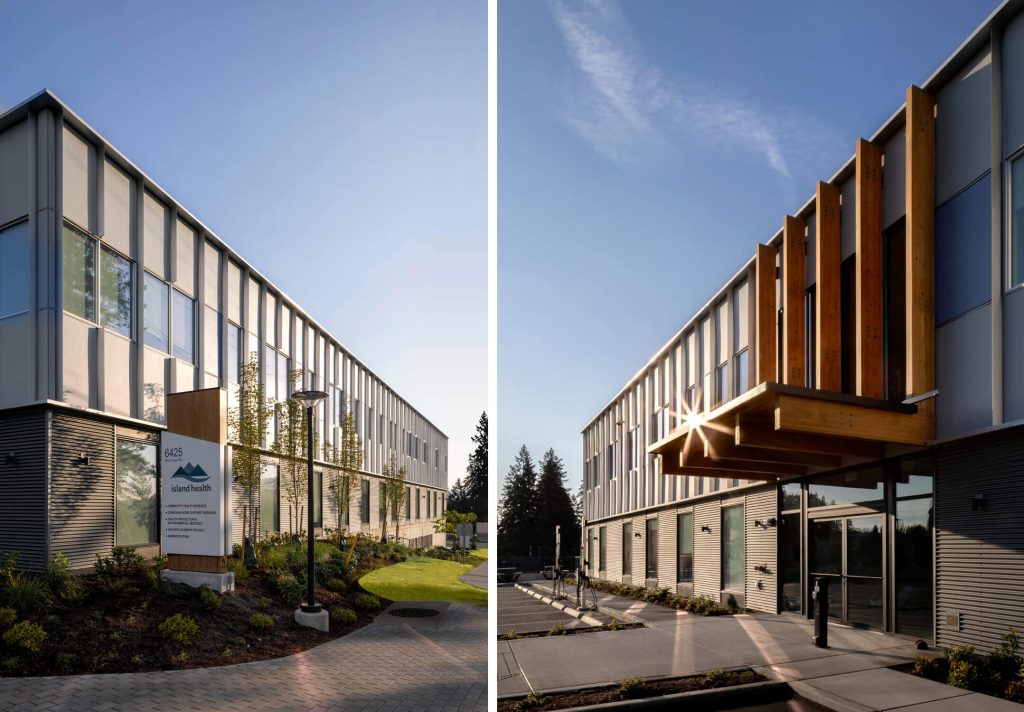 Sun reflects off corporate office building exterior architectural design photography on Vancouver Island.