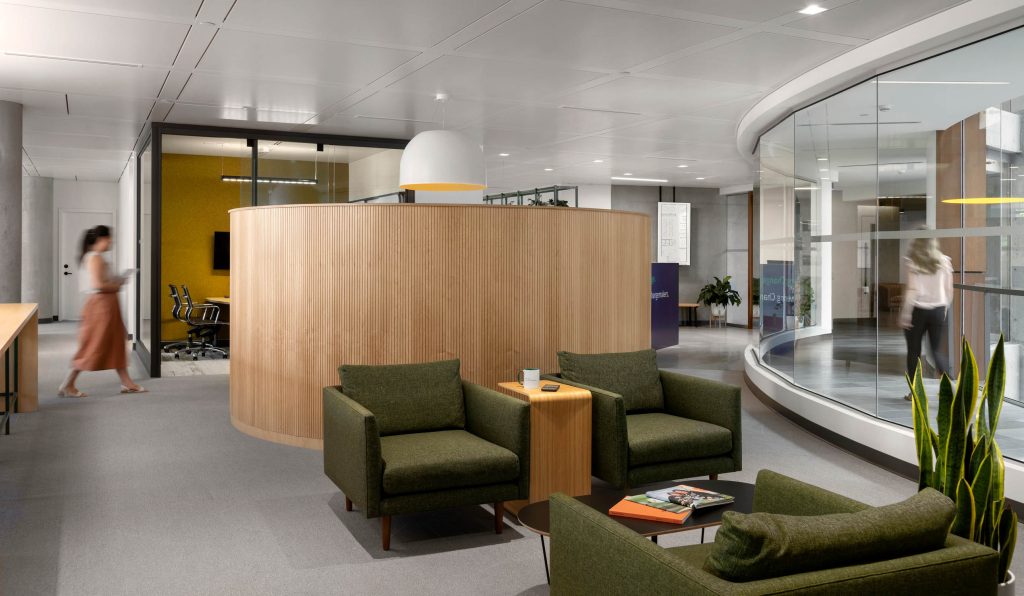 Modern bright reception area in corporate office interior design photographer Tony Colangelo.