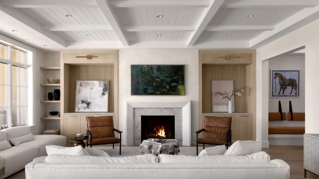 Bright and cozy living room with fireplace, interior design photographer Tony Colangelo.