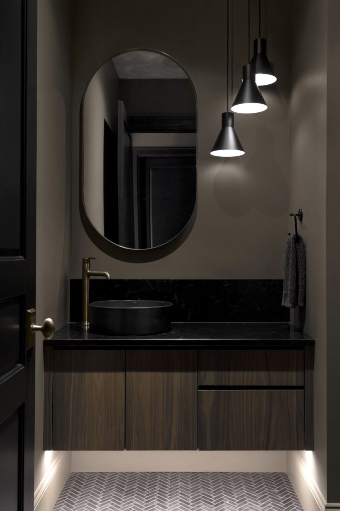 Moody wall mounted vanity, interior design photography.