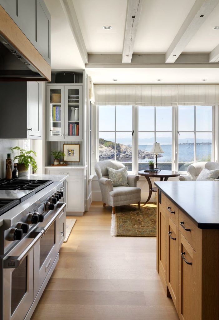 Beautiful kitchen and tea nook with ocean views, interior design photography in Victoria, BC.