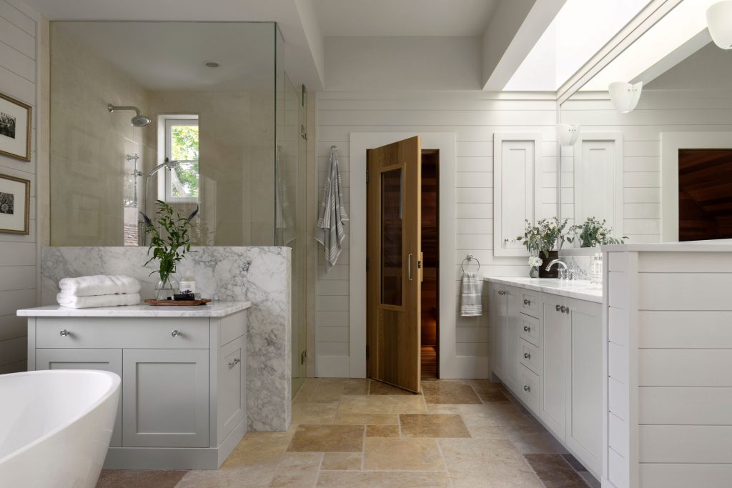 Bright inviting modern bathroom interior design photography by Tony Colangelo.