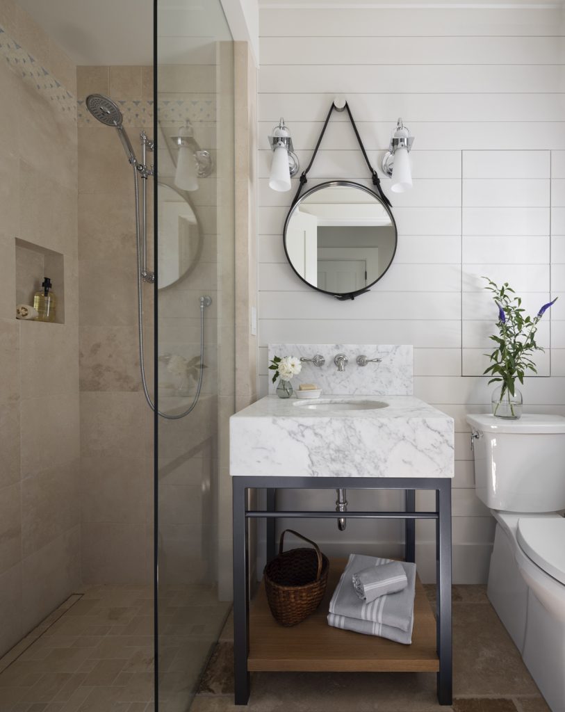 Granite bathroom vanity detailing, interior design photography.