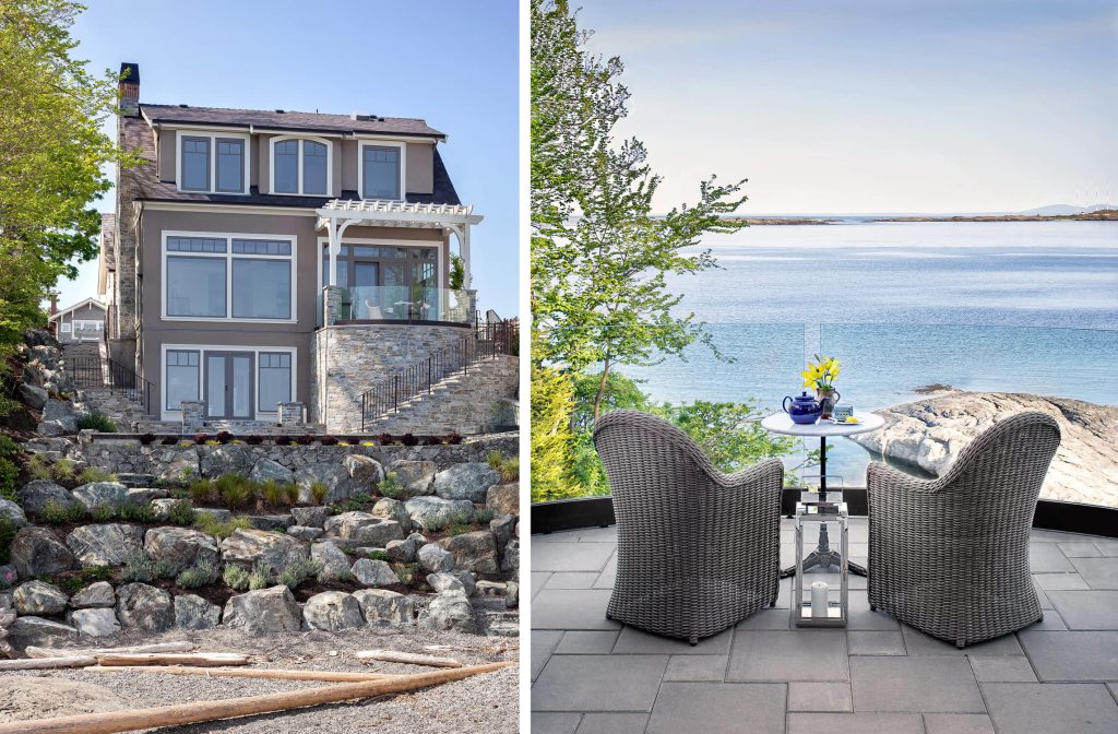 Modern beach house with incredible coastal views, professional residential exterior design photography on Vancouver Island.